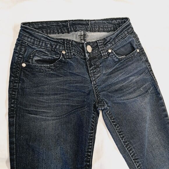 Y2k Vtg Almost Famous Dark Denim Boot Cut Flare Low Rise Jeans XS 1 Embellished - Picture 9 of 13